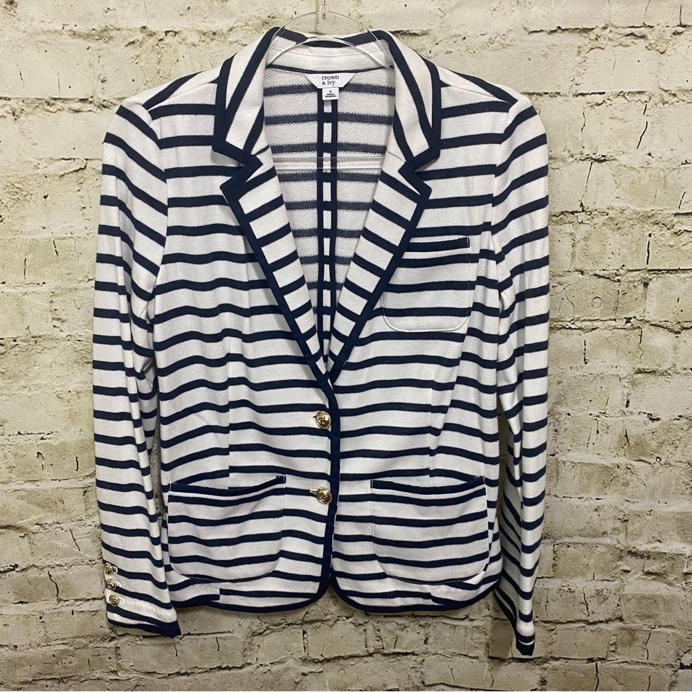 Crown & Ivy Blue White Striped Gold Button Nautical Blazer Jacket